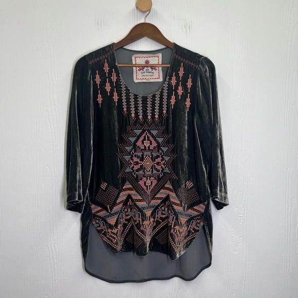 Johnny Was - Colorful Grey Crushed Velvet Scoop Long Sleeve Blouse Small - Picture 7 of 11